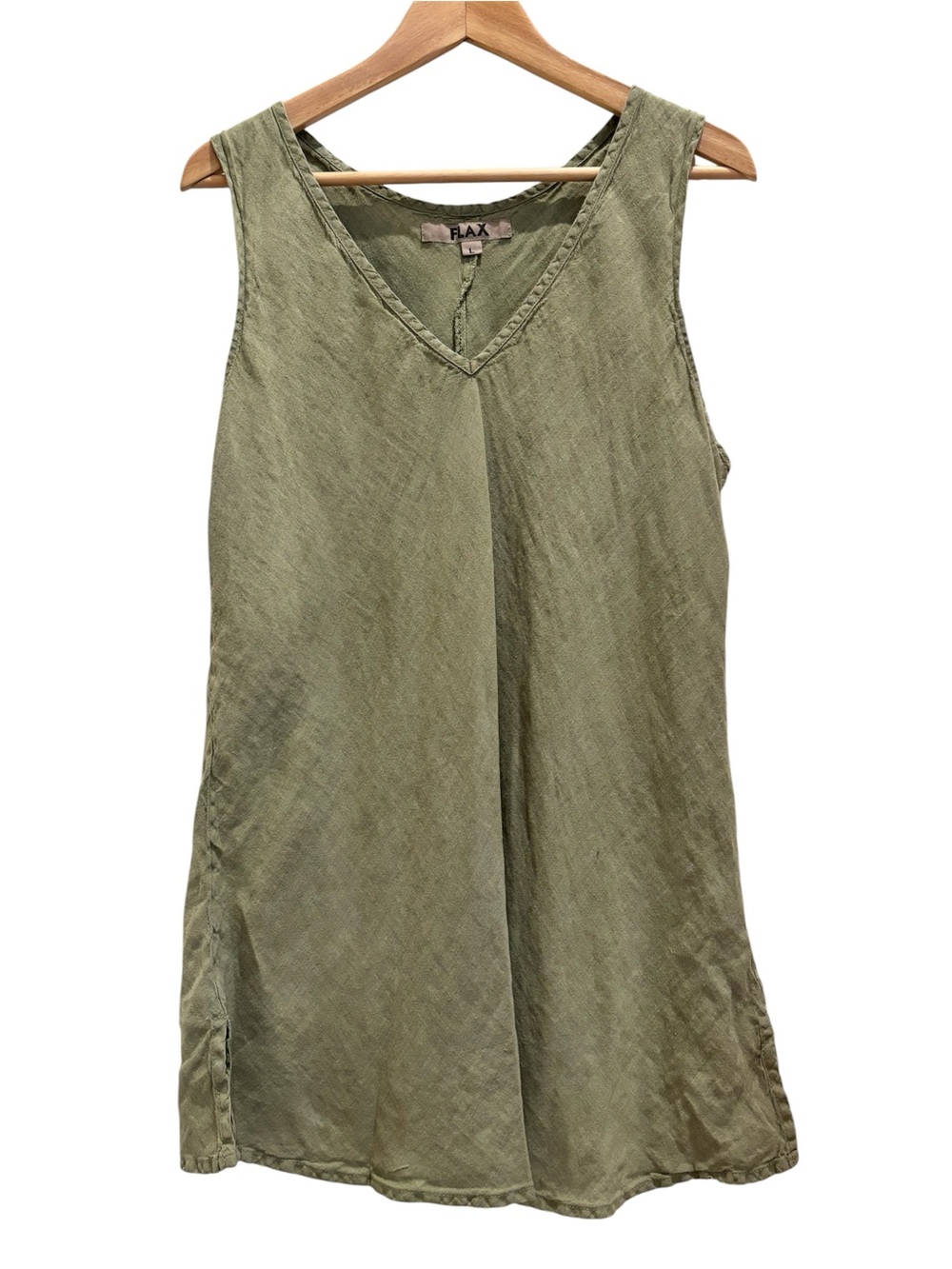 Flax V-Neck Tank Green 100% Linen Size Large